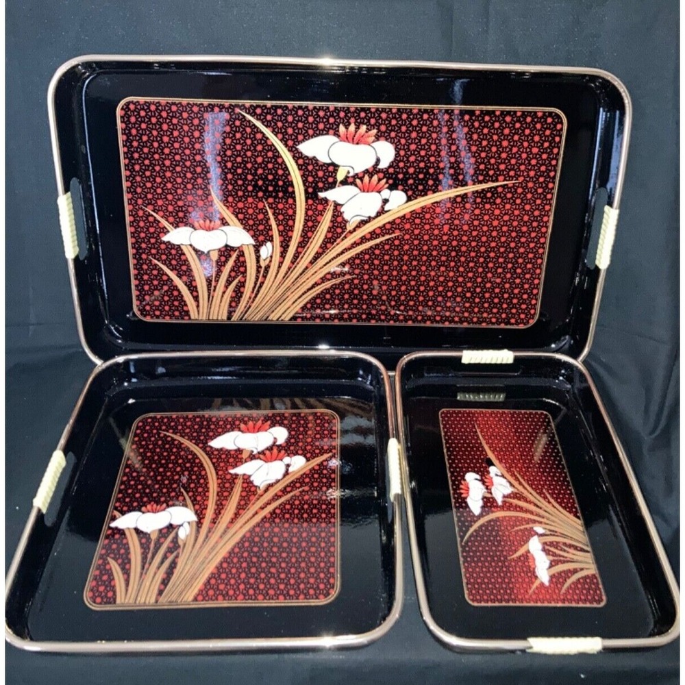 NOS Vtg 80s 3 Piece Lacquerware Nesting Tray Set Black Red Lily Made‎ in Japan
